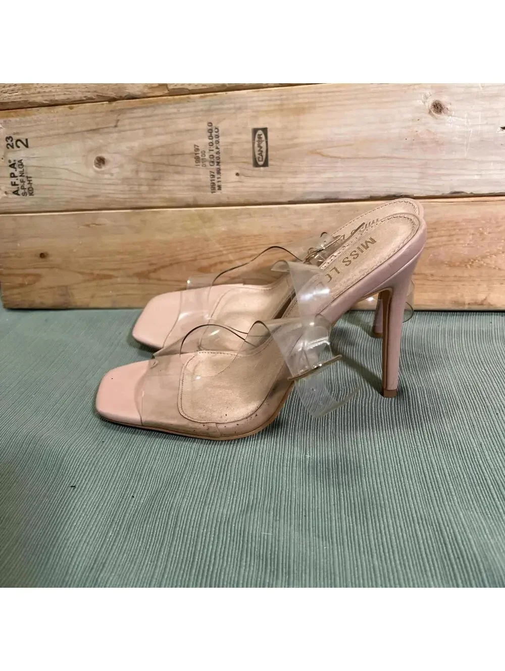 Miss Lola Womens Clear Nude Color Heels Size 7 Tan Pink Square Toe Party Pumps